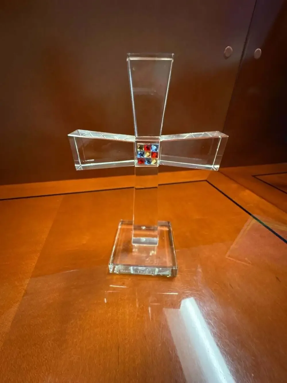 Oleg Cassini Crystal Glass Bless This House Standing Cross with Mosaic Center